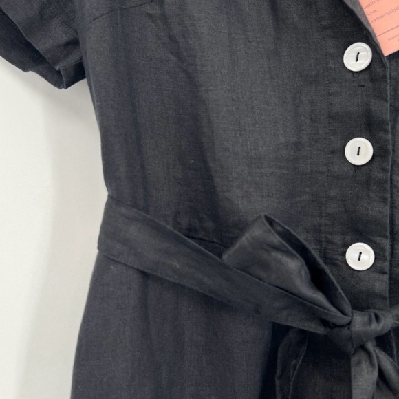 Quince Women's Black Linen Button Front Dress sz M Midi A-Line Belt Short Sleeve - Picture 2 of 5